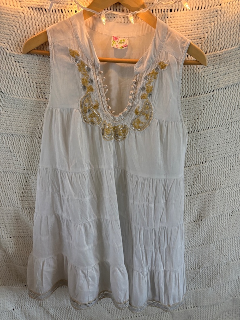 Free People White Sleeveless Embroidered Mini Dress with Gold Accents